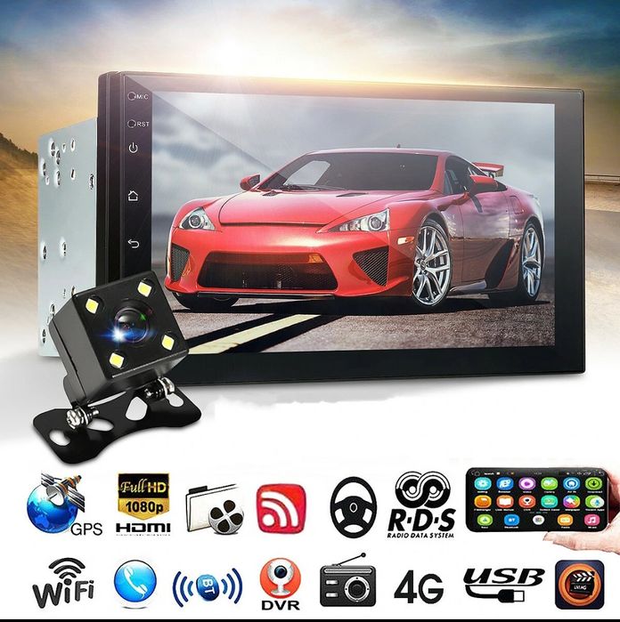 Rádio android 2din 7" com Wi-Fi GPS Bluetooth 4/64GB memória + câmara