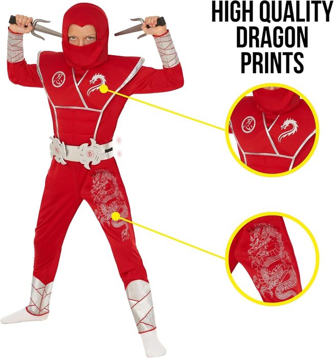 Dziecięcy Kostium Ninja Czerwony –  Zabawowy Rozmiar 4-6 Lat  6 Lat
