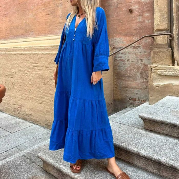 Zara kobaltowa dluga maxi boho sukienka len wiskoza