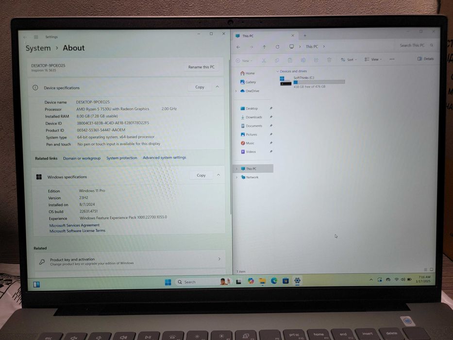 Dell Inspiron 16 5635 amd ryzen 5 7530u 8gb ddr4 512ssd