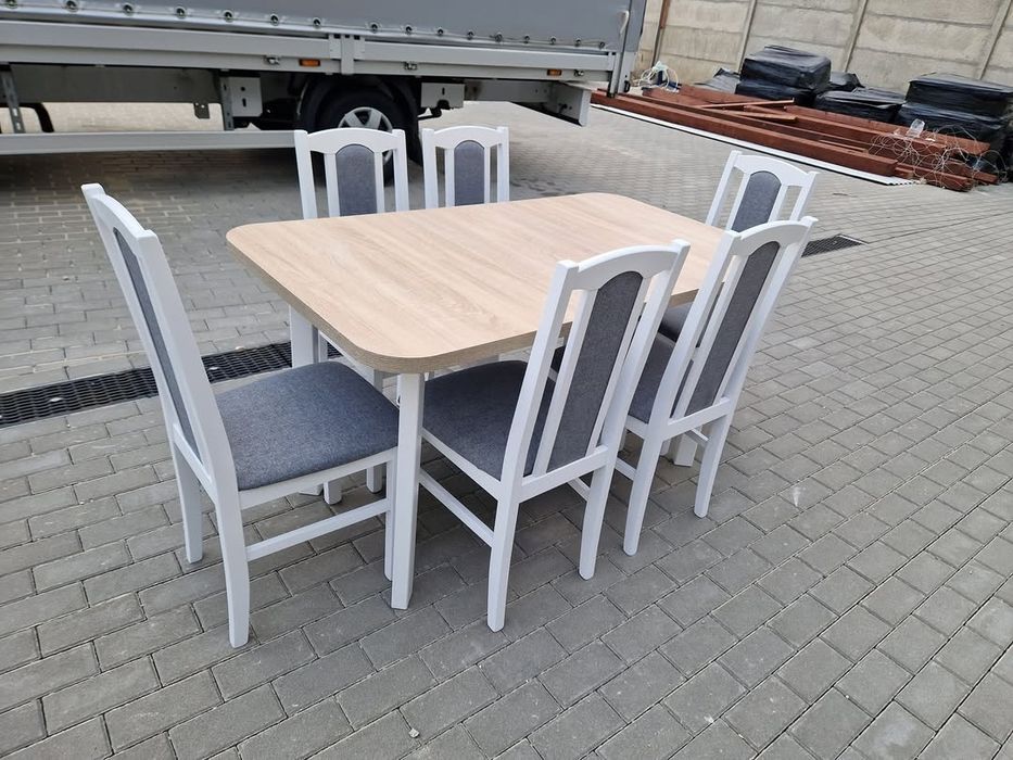 Nowe: Stół rozkładany + 6 krzeseł, bialy/sonoma+szary, dostawa cała PL