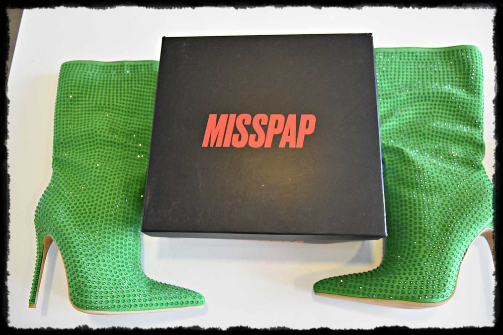 MISSPAP, piękne, zielone kozaki z cyrkoniami, szpilka, rozmiar 39