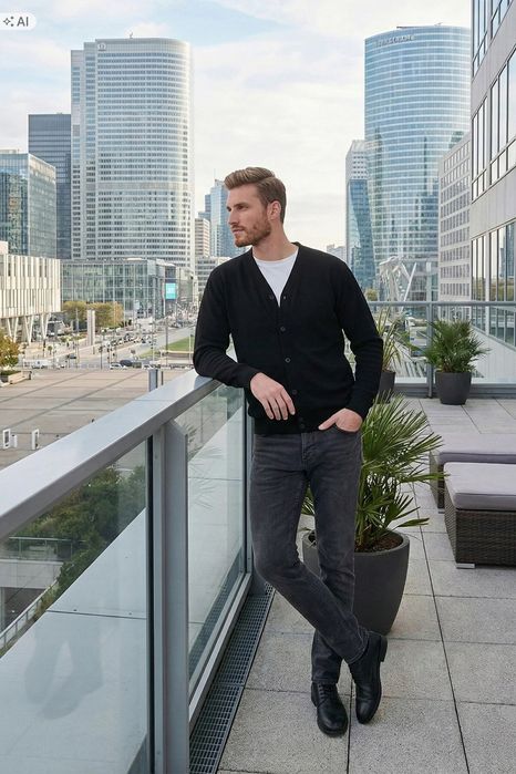 Gładki czarny sweter damski na guziki elegancki 3xl 5ia