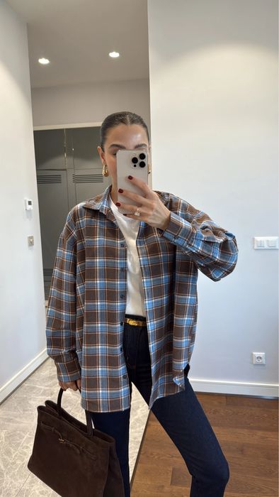 Трендова сорочка шоколад з синім в клітинку, картата сорочка коричнева