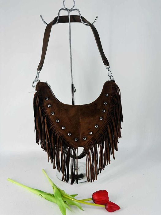 Nowa torebka damska boho frędzle czekoladowa brązowa zamszowa