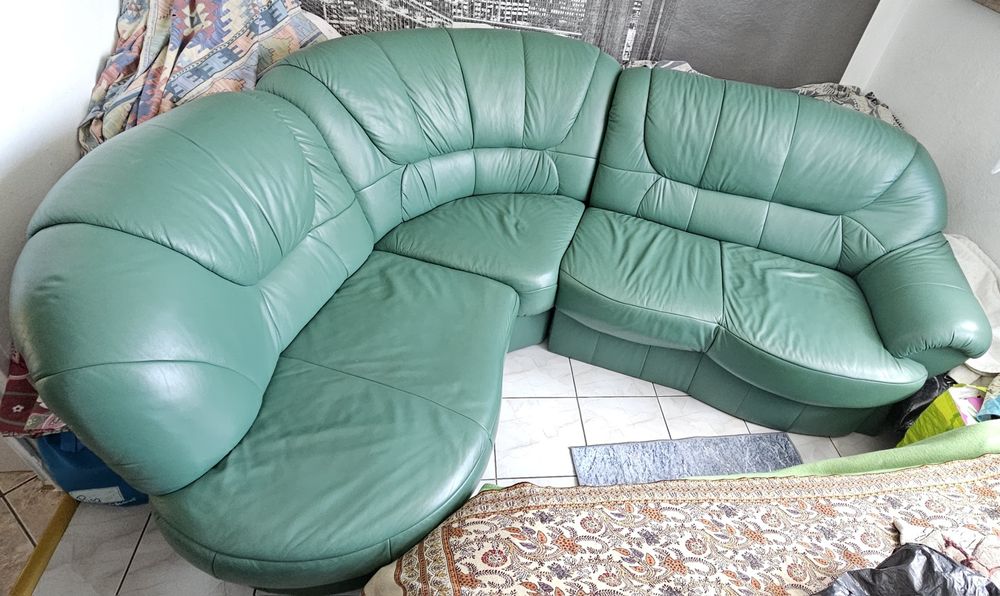 Kanapa piękna skóra skórzana zielona trzy elementy zieleń stan jak nowa sofa