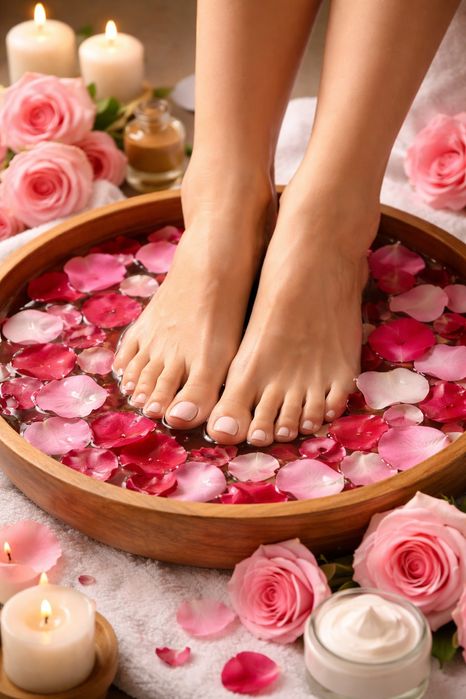 Tratamento dos pes com pétalas de rosas