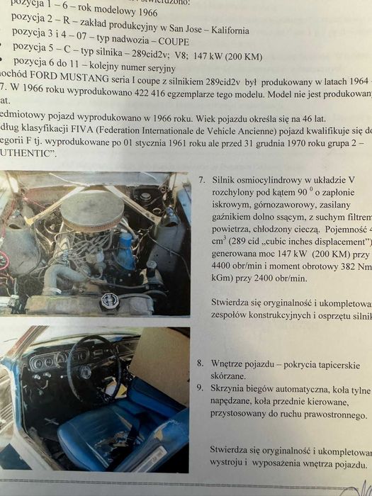 Ford Mustang 1966 V8 289 4.7l automat 200km pełne dokumenty