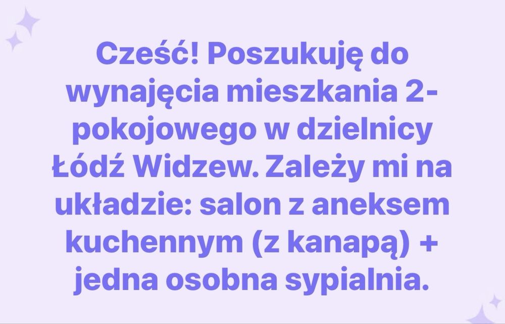 Poszukuję mieszkania na wynajem – Łódź Widzew (2 pokoje + osobna kuchnia)