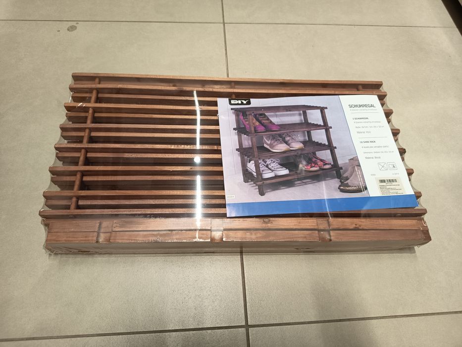 Nowa brązowa drewniana półka organizer na buty 4 poziomy
