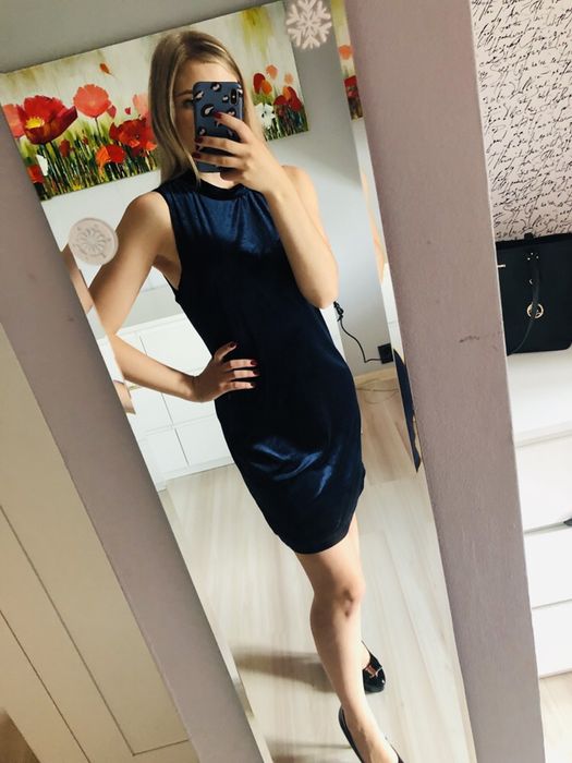 Sukienka welurowa vintage granatowa błyszcząca