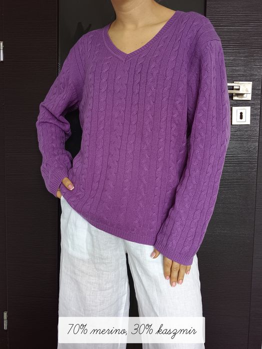 Fioletowy sweterek warkocz Adagio 70% merino 30% kaszmir