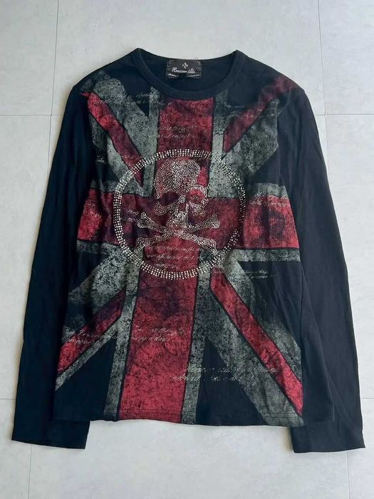 Retro British Flag Printing Skull Rhinestone Longsleeve