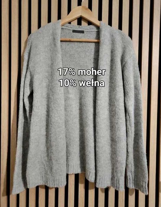 Ciepły sweter kardigan na jesień szary S 36 moher wełna