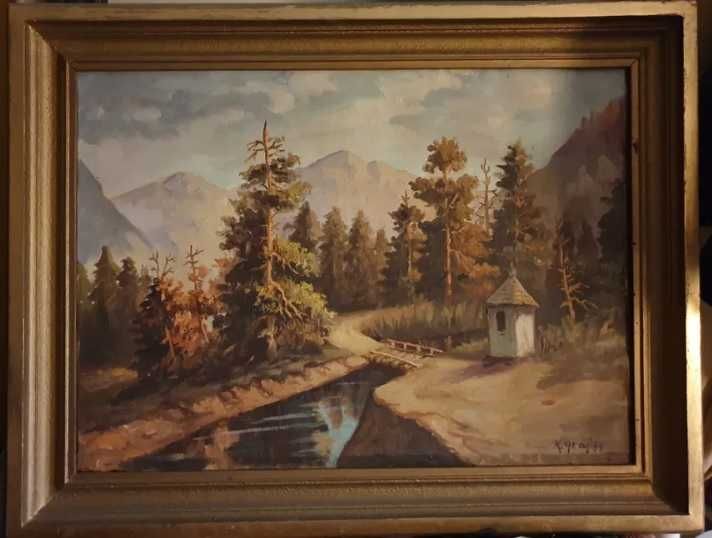 Obraz 1989r K. Graj Pejzaż Kapliczka