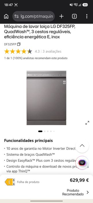 Máquina lavar loiça - LG  Inox (QuadWash) WiFi
