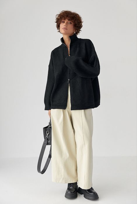 Вʼязаний кардиган оверсайз на блискавці, шоколадний, тепла кофта