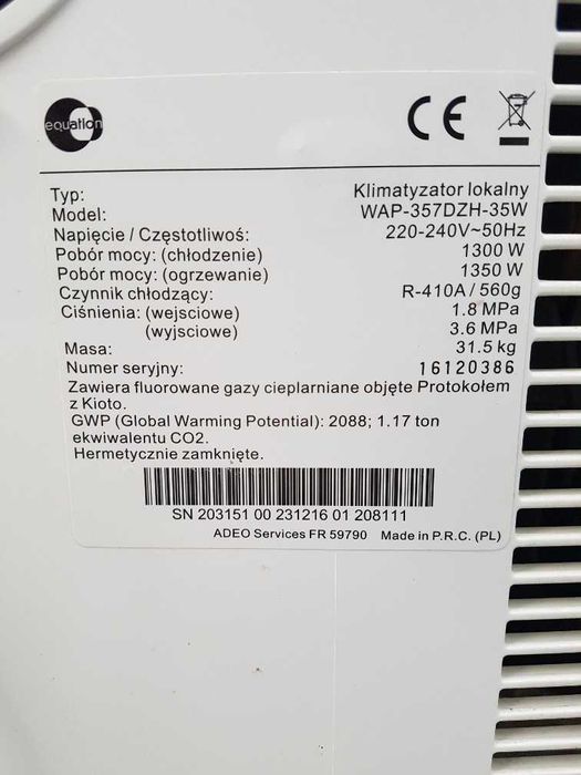 Klimatyzator przenośny Equation WAP-357DZH-35W Czapury • OLX.pl