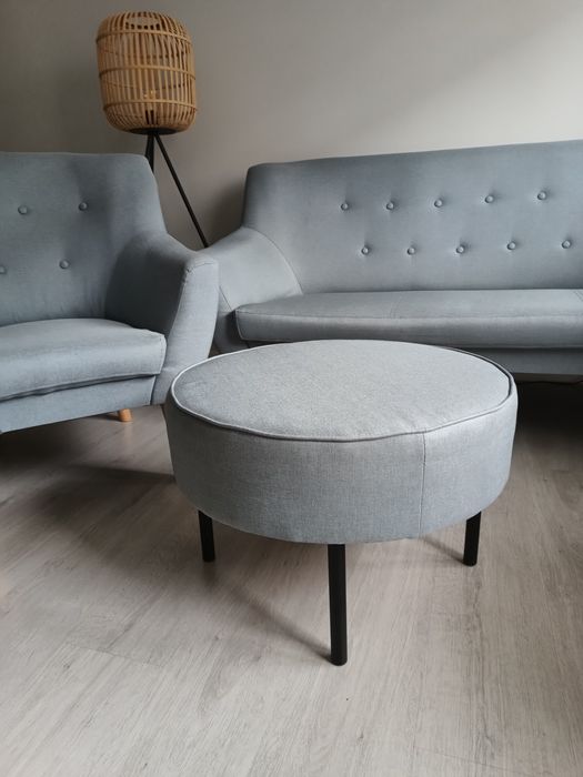 Sofa , fotel, pufa szaroniebieski zestaw