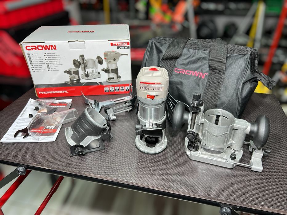 Кромочный фрезер Crown CT11023 Цанги 6, 8 мм/710 Вт + 3 базы