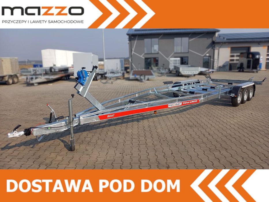 TEMARED Dostawa przyczepa podłodziowa DMC3500kg pod łódź 9 m! POSZERZANA, WODOSZCZELNE ŁOŻYSKA, TRZYOSIOWA  Dostawa przyczepa podłodziowa DMC3500kg pod łódź 9 m! POSZERZANA, WODO