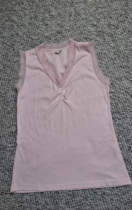 Piękna bluzka elegancka XL 42 pudrowy róż tiul koraliki bawełna