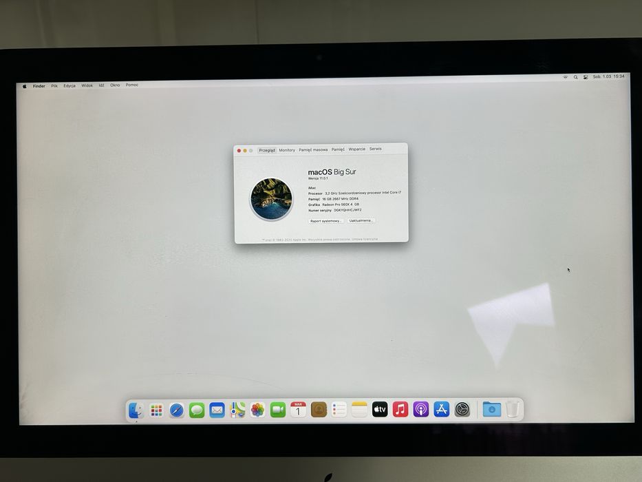 APPLE iMAC A2116 4K i7 3.2GHz 16GB 1TB SSD RP560X 4GB Pęknięta szyba!
