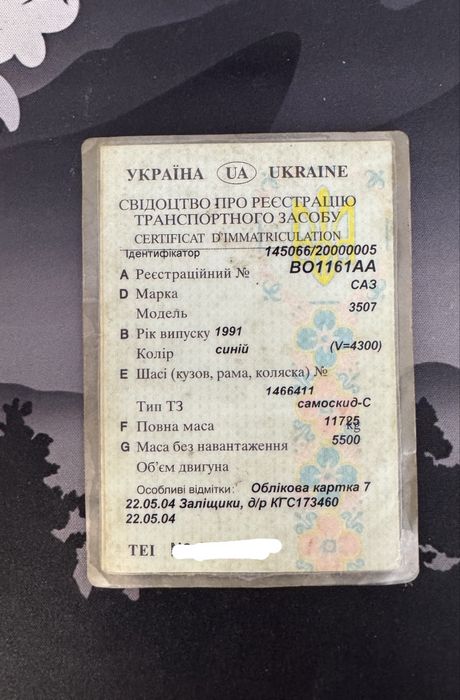 Документи звідотсво про реєстрацію  САЗ УАЗ ГАЗ ЗІЛ