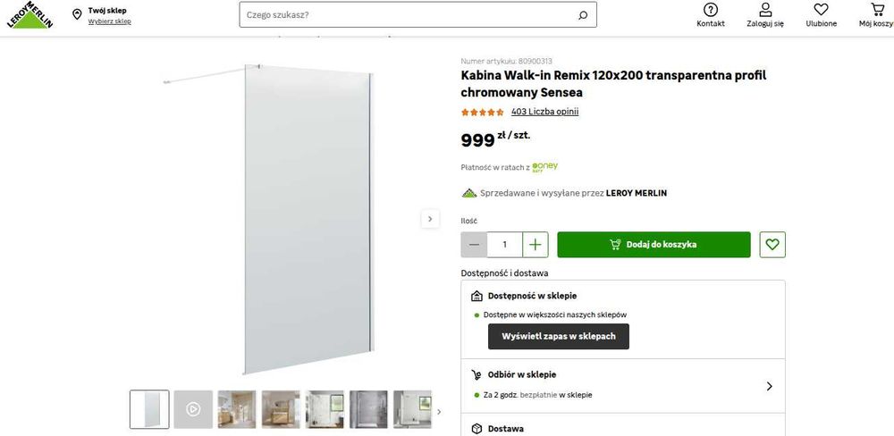 Kabina Walk-in Remix 120x200 transparentna profil chromowany Sensea