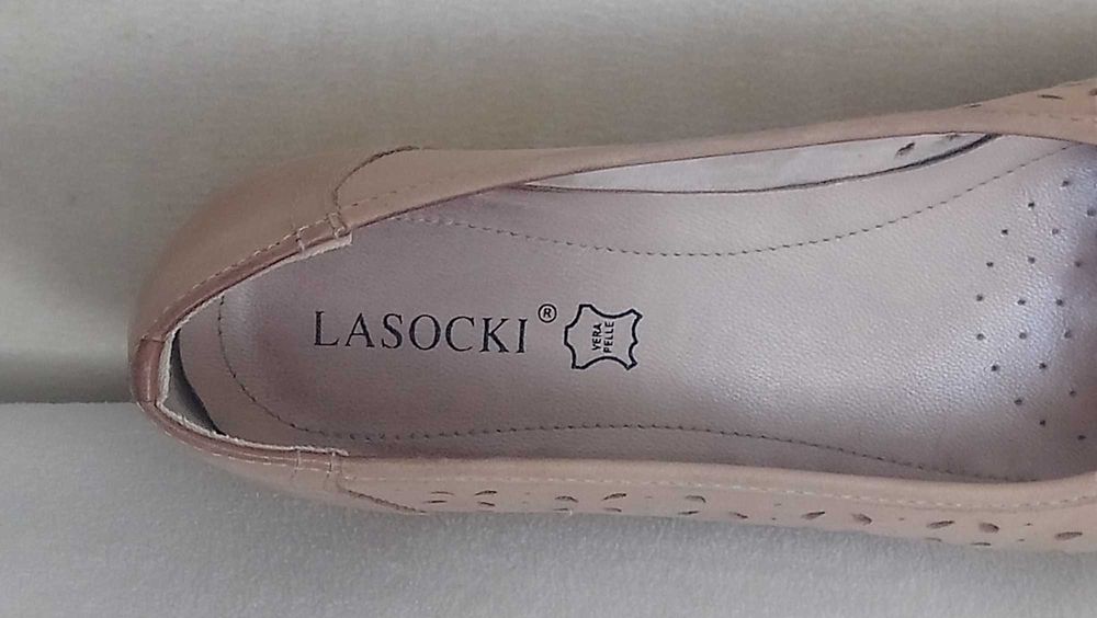 LASOCKI półbuty czółenka mokasyny damskie skóra nat. ażurowe beż r. 39