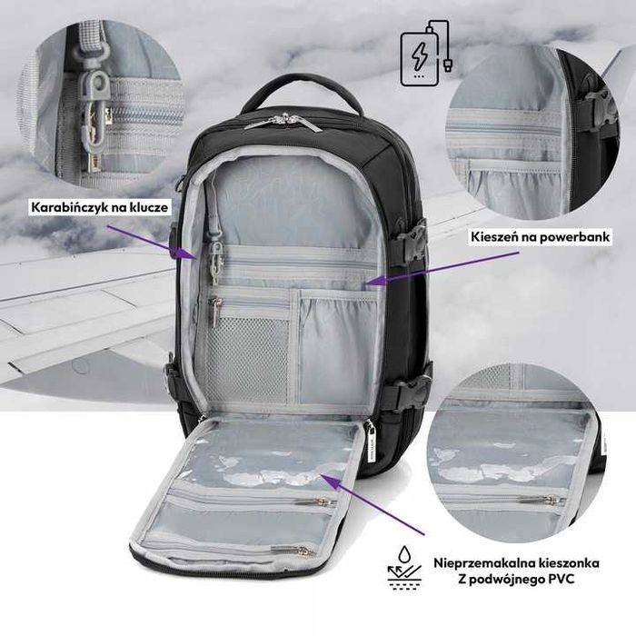 PLECAK BAGAŻ Kabinowy 40x25x20 Podręczny PODRÓŻNY Czarny 3w1 OKAZJA!!