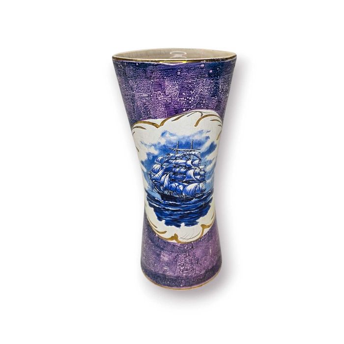 Vaso Náutico com Navio à Vela– 27cm |Cerâmica Texturada Tons Roxo/Azul