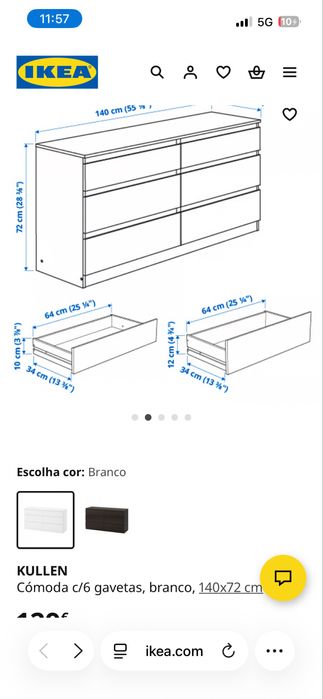 KULLEN Cómoda c/6 gavetas, branco, 140x72 cm