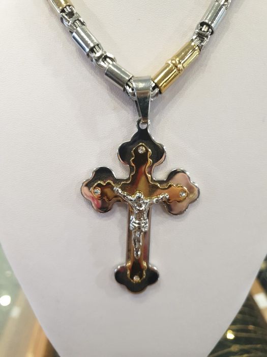 Komplet męski łańcuszek I krzyż splot królewski stal  60 cm