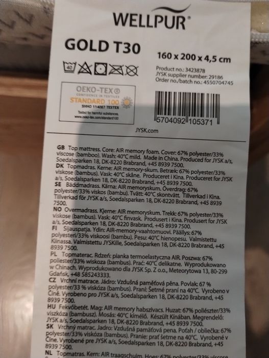 Materac topper, Jysk, memory foam ,Wellpur Gold T30