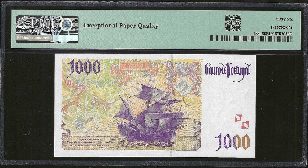 Nota de 1000 Escudos 2000 Certificada PMG 66 EPQ