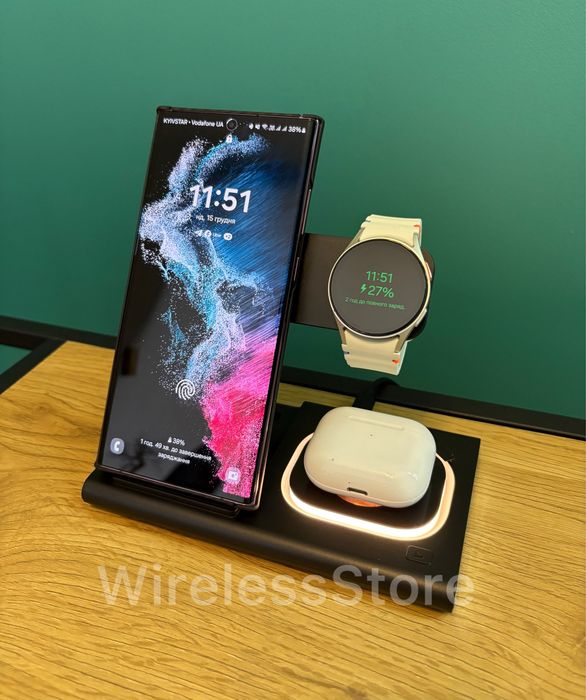 Бездротова зарядка 5 в 1 для смартфона Samsung Galaxy Watch Galaxy Buds , Apple Watch, iPhone, AirPods Беспроводная 30w Док-станция с подсветкой