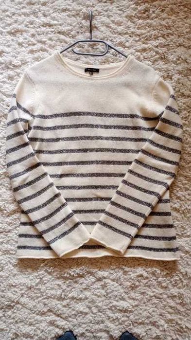 Sweter Massimo Dutti M 38 z wełną pasy paski srebrna nitka  biały ecru