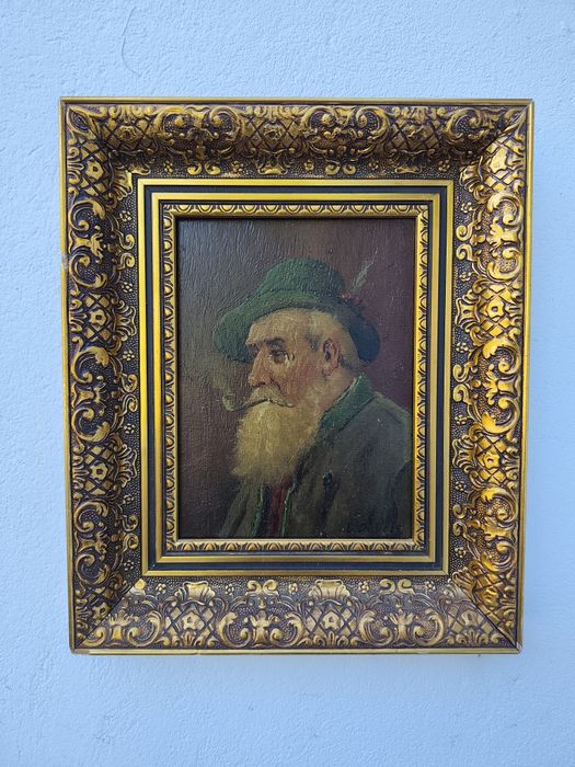 Stary obraz olejny na desce L. DUBOIS Portret Starca z fajką, piękna rama