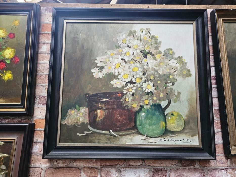 Obraz malowany na płótnie białe kwiaty i garnek 81x77 cm #1512 Stylowy