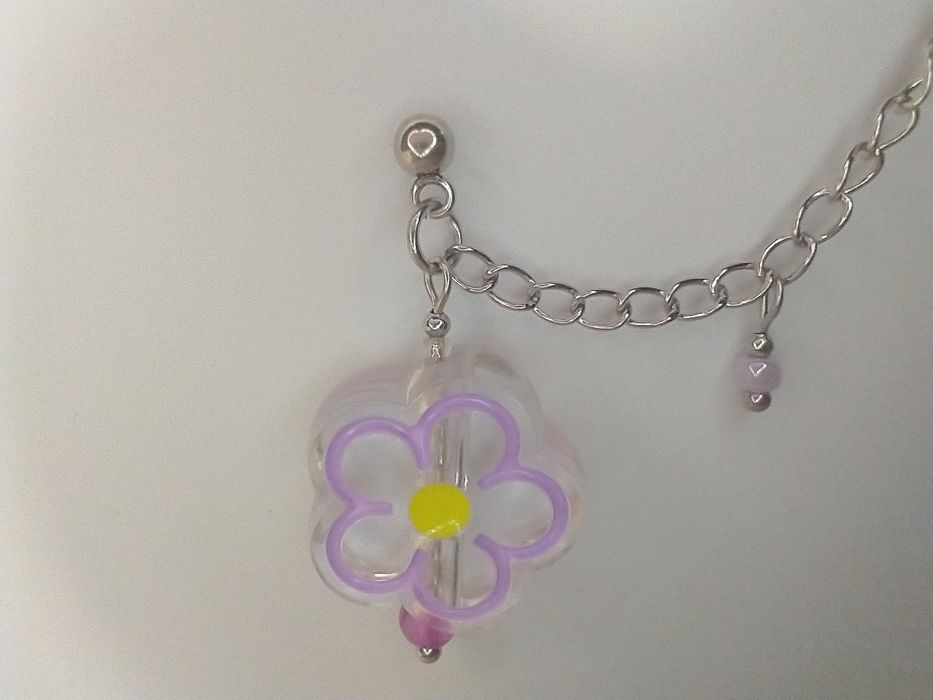 Kolczyk z Nausznicą i Fioletowym Kwiatkiem, Stal Nierdzewna, Handmade