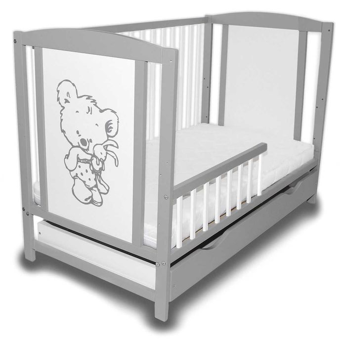 Łóżeczko dziecięce Bajka szara + szuflada + barierka + materac kokos