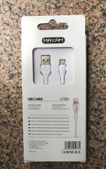 Cabo carregador lightning para iPhone / iPad / iPod - 3 Metros - Novo