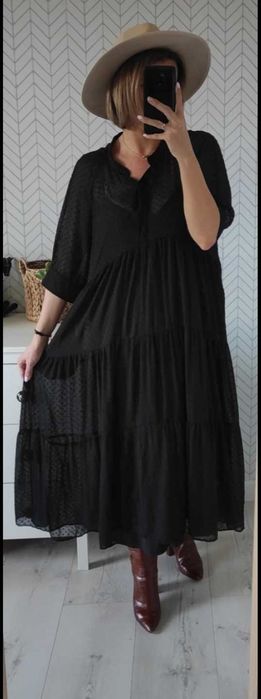 Zara czarna dluga szyfonowa sukienka w stylu boho oversize M/L