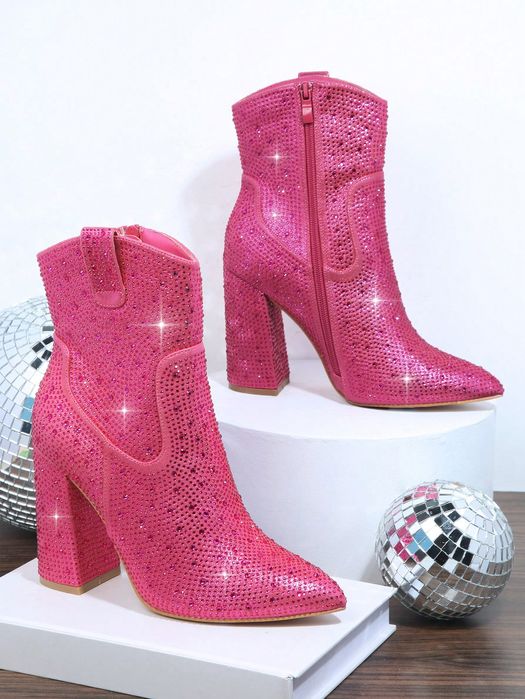 Botki Kowbojki Skórzane Zdobione Cyrkoniami Różowe Shein Eur 36,5