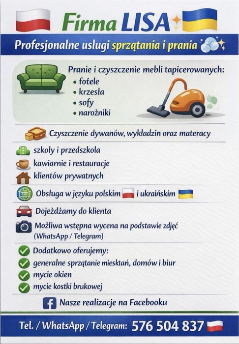 Firma sprzątająca LISA – pranie mebli i sprzątanie domów