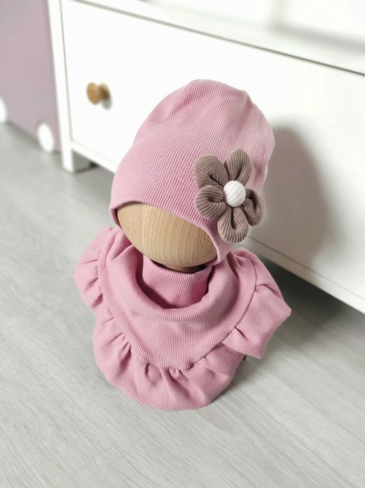 Od ręki! Komplet wiosenny zestaw czapka komin falbanką prążek 40-44cm