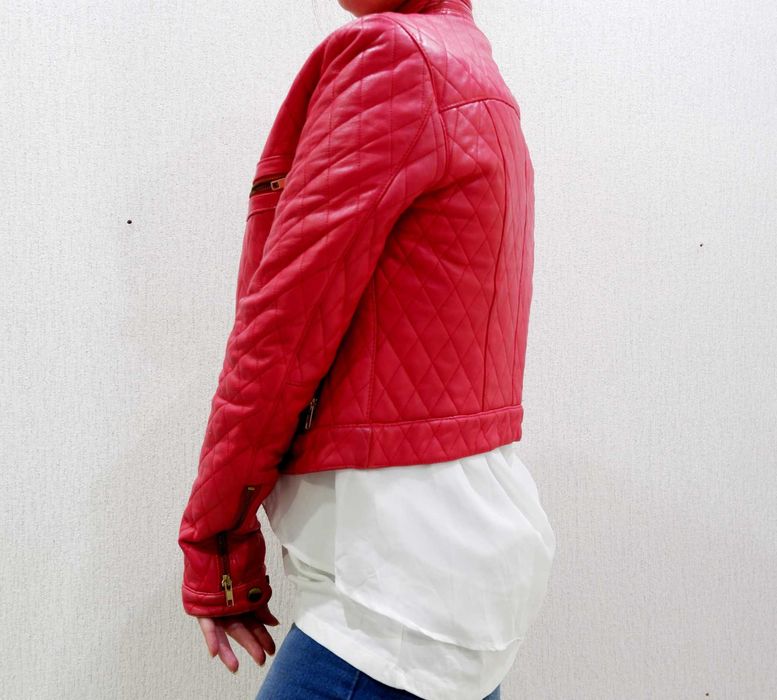 Куртка косуха кожаная натуральная стеганная укороченная розовая xs