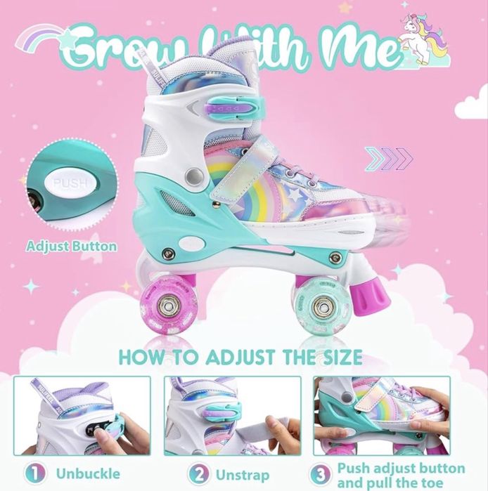 Como novo! Sulifeel Rainbow Unicorn Rodas de Patins com Luzes Ajustáveis para Meninas e Meninos, Tamanho: EU 28-31