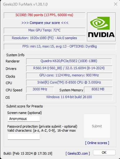 NVIDIA Quadro K620 2GB test w 3DMark FurMark Low Profile śledź 8cm